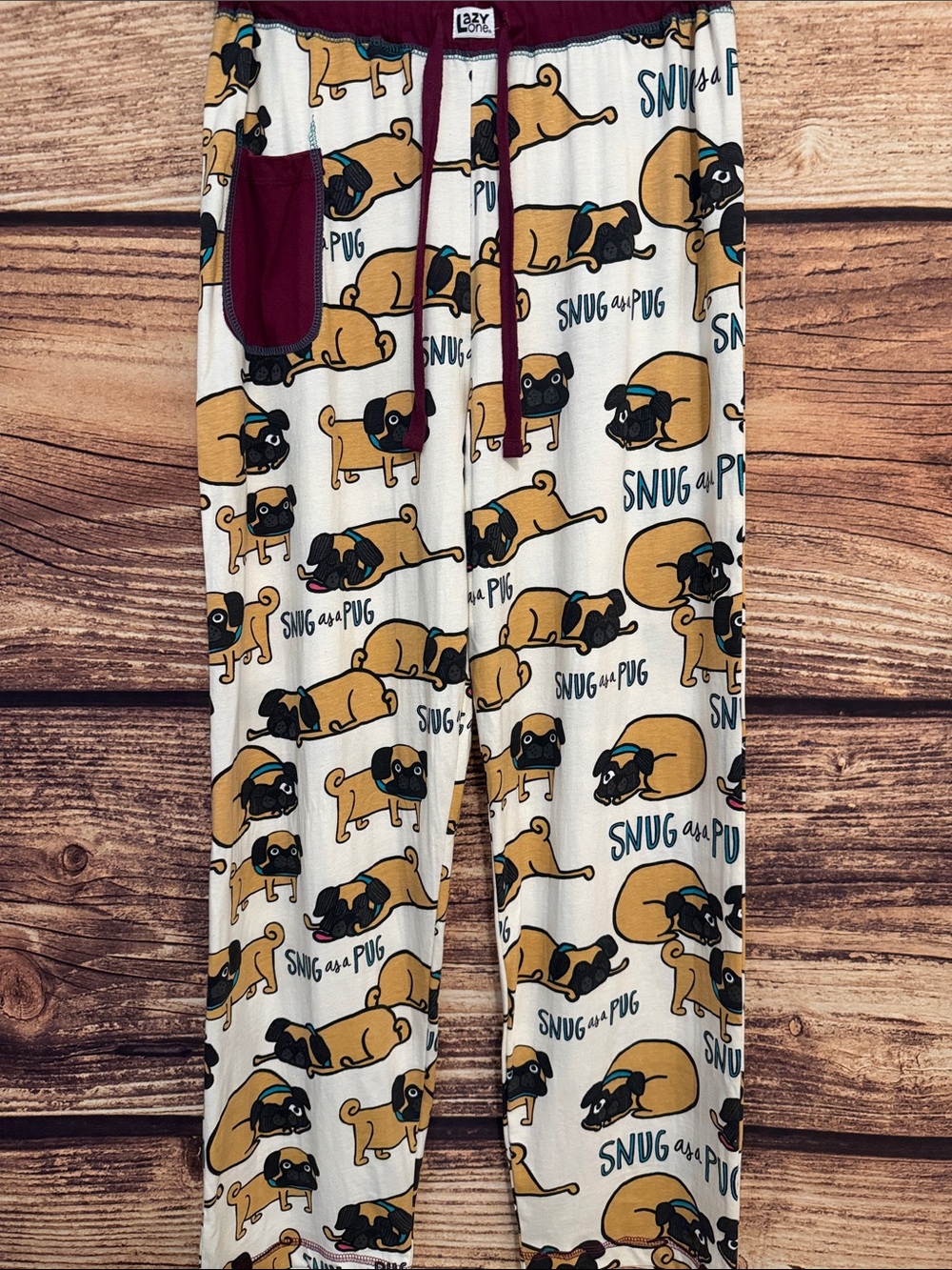 Lazy One Cream Pajama Pants with Pug Print and Burgundy Accents